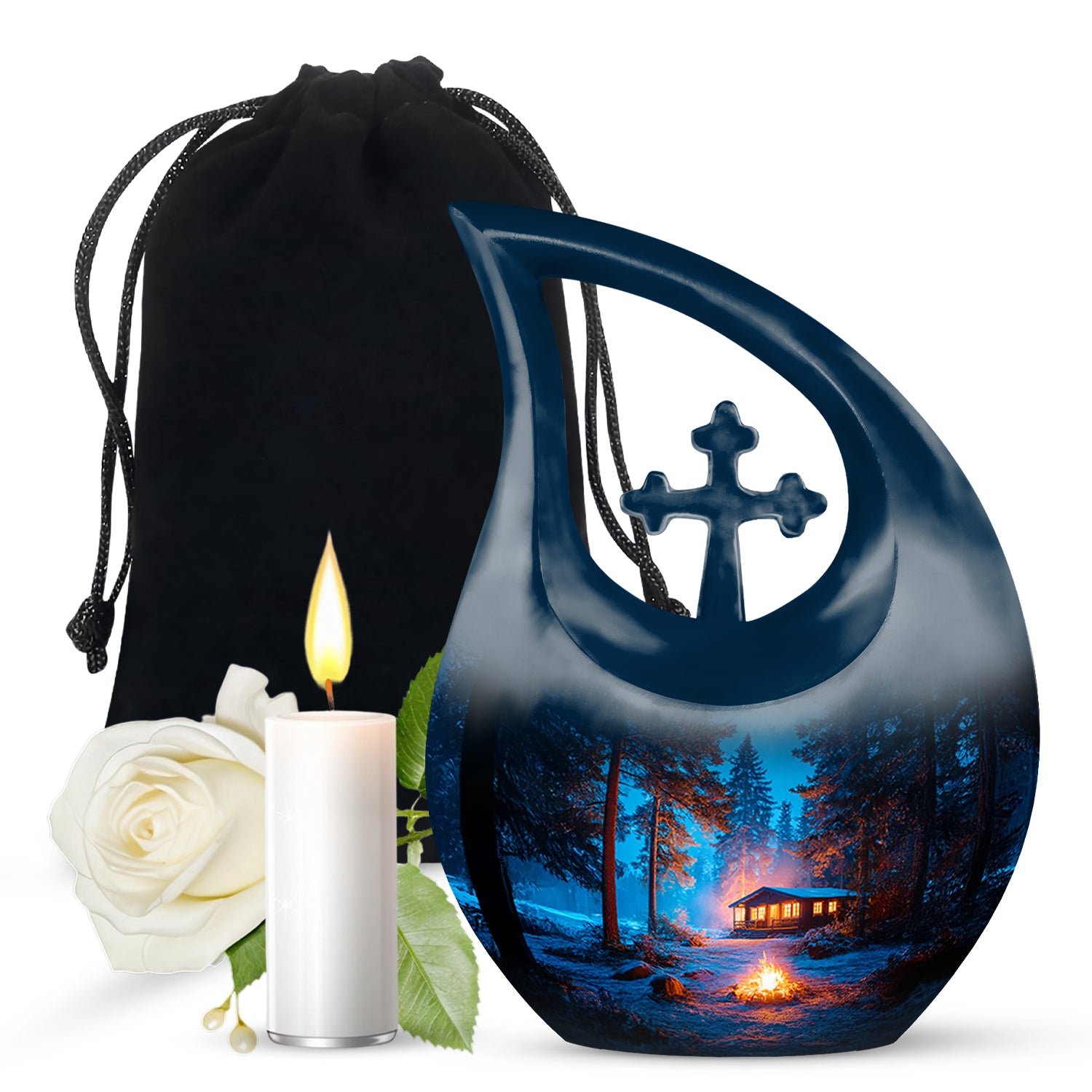 Sky Blue Campfire Cremation Urn top-down view of secure threaded lid - cross and campfire combined in spiritual memorial design - full-size 10 inch 200 cubic inch adult cremation urn