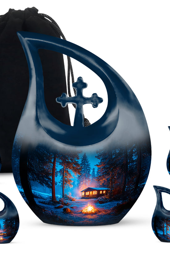 Misty Blue Campfire Cremation Urn urn with complimentary velvet bag - sacred cross merged with campfire motif on metal - memorial set with one large and four small urns