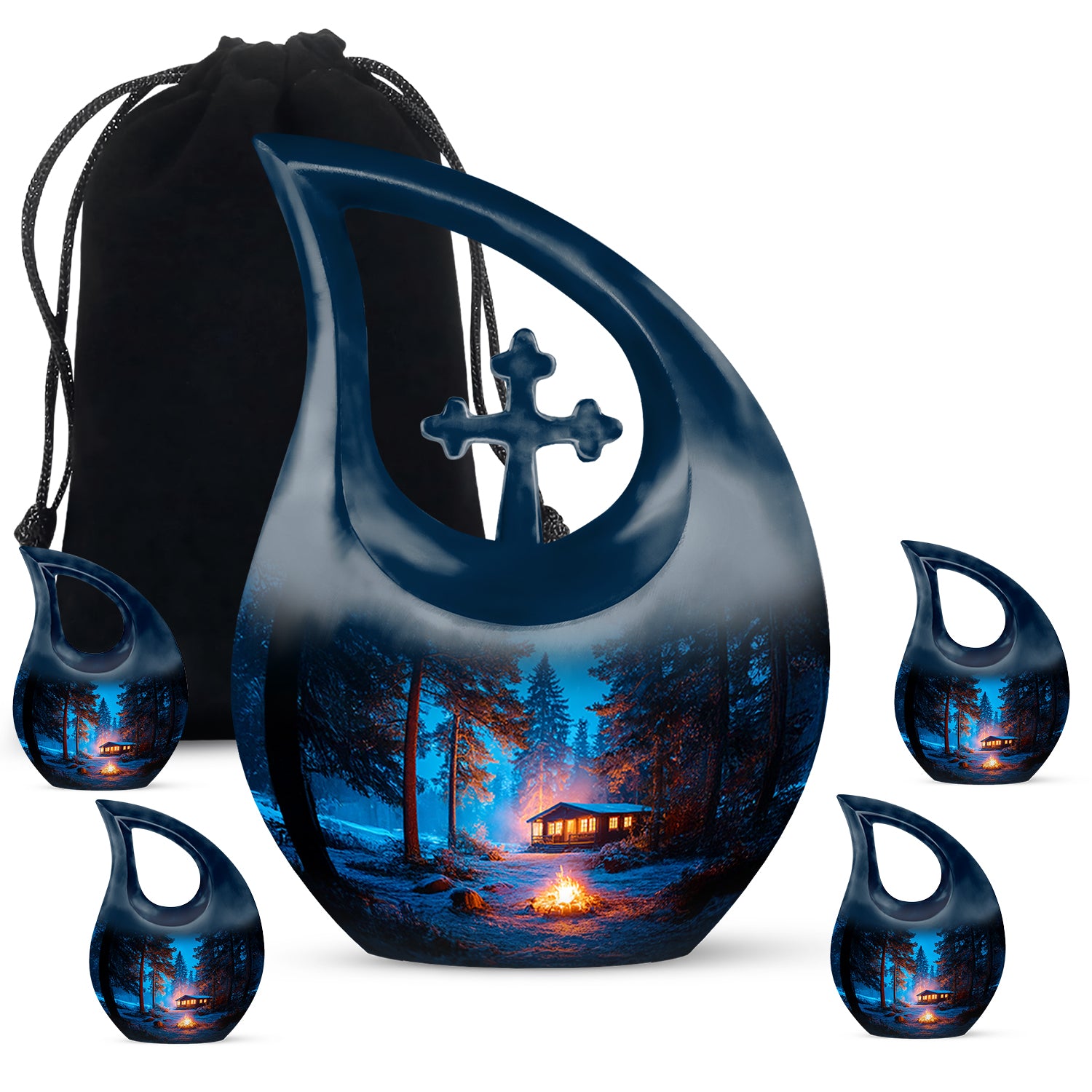 Misty Blue Campfire Cremation Urn urn with complimentary velvet bag - sacred cross merged with campfire motif on metal - memorial set with one large and four small urns