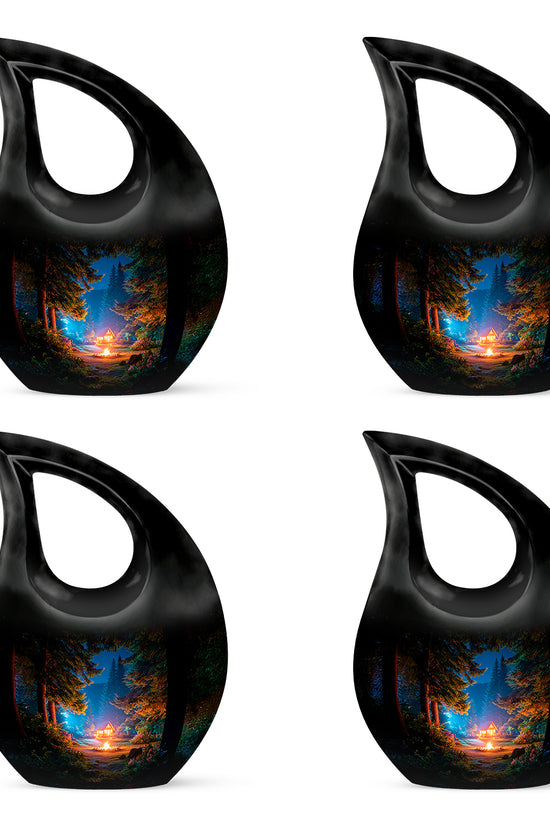 Onyx Black Campfire Cremation Urn lifestyle display on memorial shelf - devotional cross-drop campfire engraving - 10 inch aluminum urn for cremated remains