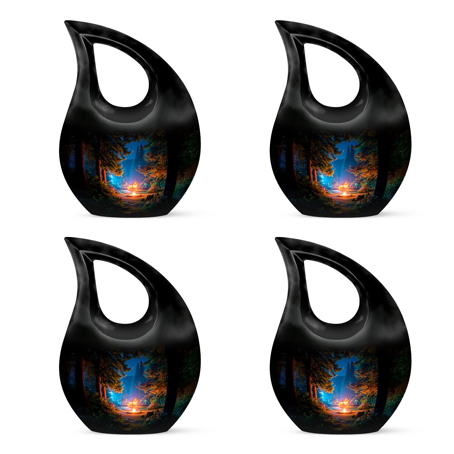 Onyx Black Campfire Cremation Urn lifestyle display on memorial shelf - devotional cross-drop campfire engraving - 10 inch aluminum urn for cremated remains