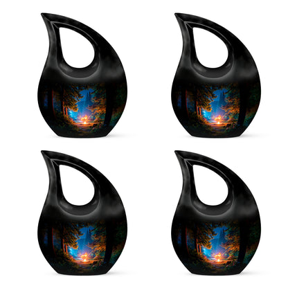 Onyx Black Campfire Cremation Urn lifestyle display on memorial shelf - devotional cross-drop campfire engraving - 10 inch aluminum urn for cremated remains