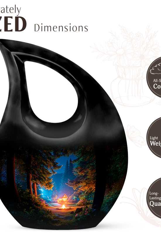 Midnight Black Campfire Cremation Urn back view with polished surface - devotional cross-drop campfire engraving - mini keepsake memorial for portion of cremation ashes