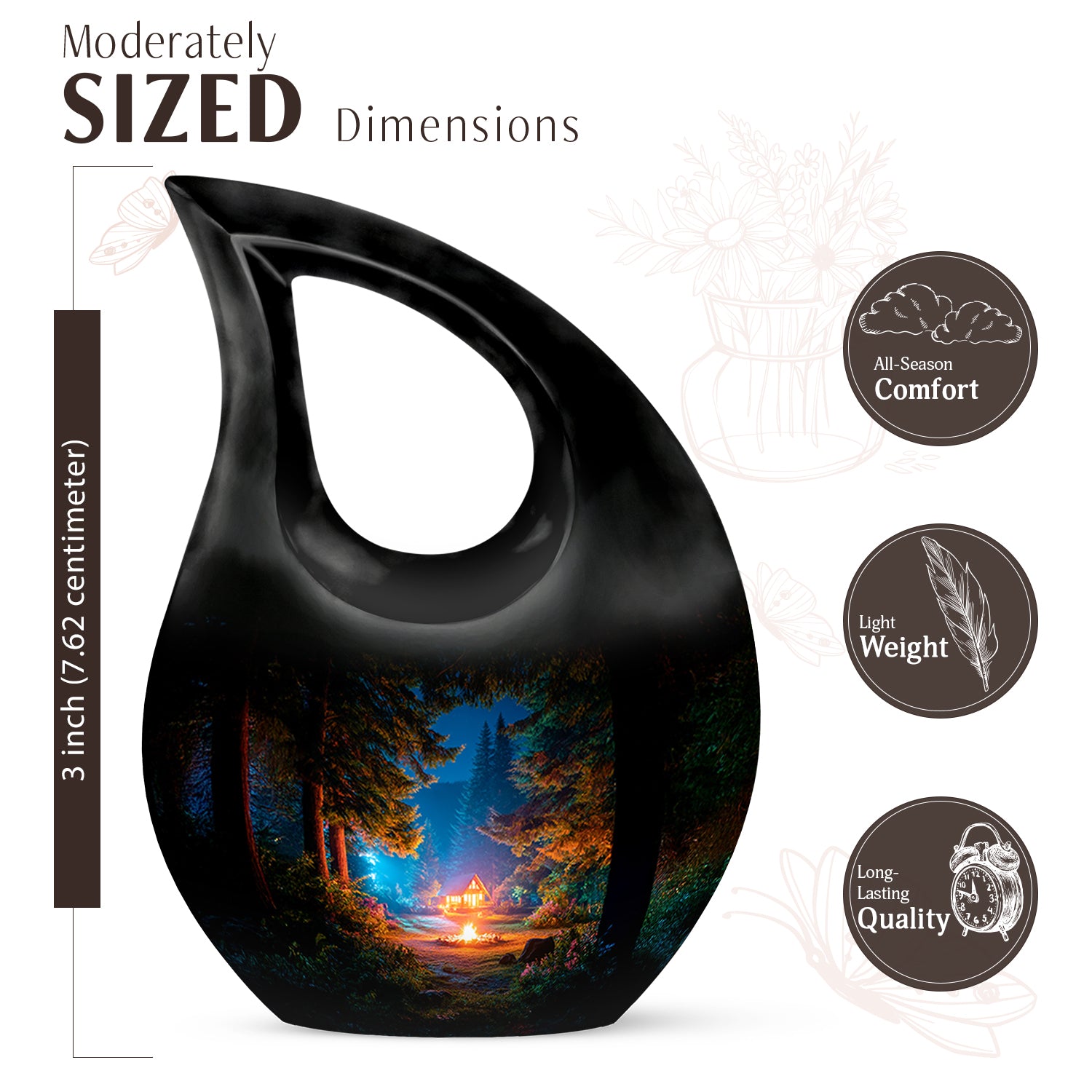 Midnight Black Campfire Cremation Urn back view with polished surface - devotional cross-drop campfire engraving - mini keepsake memorial for portion of cremation ashes
