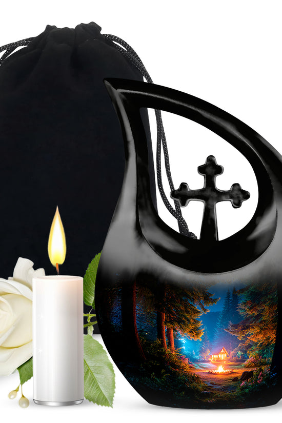 Dark Black Campfire Cremation Urn top-down view of secure threaded lid - faith-inspired cross-drop urn with campfire pattern - full-size 10 inch 200 cubic inch adult cremation urn