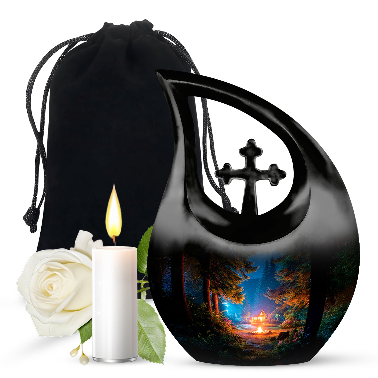 Dark Black Campfire Cremation Urn top-down view of secure threaded lid - faith-inspired cross-drop urn with campfire pattern - full-size 10 inch 200 cubic inch adult cremation urn