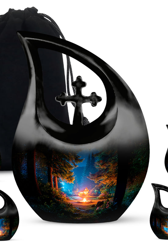 Jet Black Campfire Cremation Urn urn with complimentary velvet bag - cross and campfire combined in spiritual memorial design - memorial set with one large and four small urns