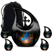 Jet Black Campfire Cremation Urn urn with complimentary velvet bag - cross and campfire combined in spiritual memorial design - memorial set with one large and four small urns