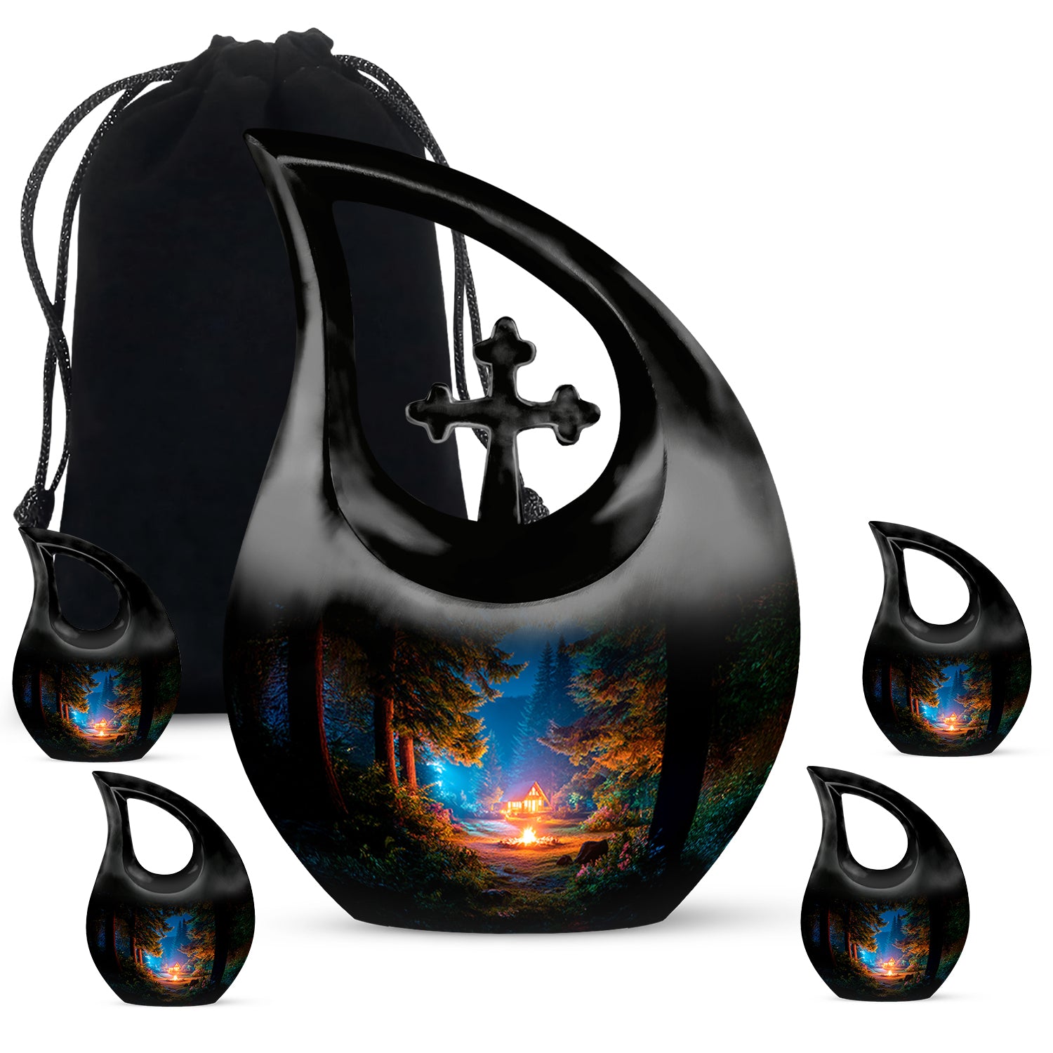 Jet Black Campfire Cremation Urn urn with complimentary velvet bag - cross and campfire combined in spiritual memorial design - memorial set with one large and four small urns
