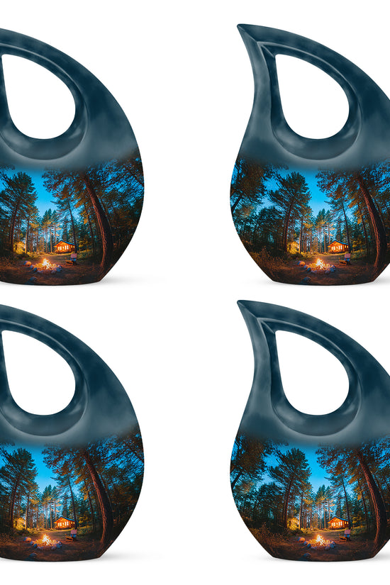 Bright Blue Campfire Cremation Urn lifestyle display on memorial shelf - devotional cross-drop campfire engraving - 10 inch aluminum urn for cremated remains