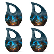Bright Blue Campfire Cremation Urn lifestyle display on memorial shelf - devotional cross-drop campfire engraving - 10 inch aluminum urn for cremated remains