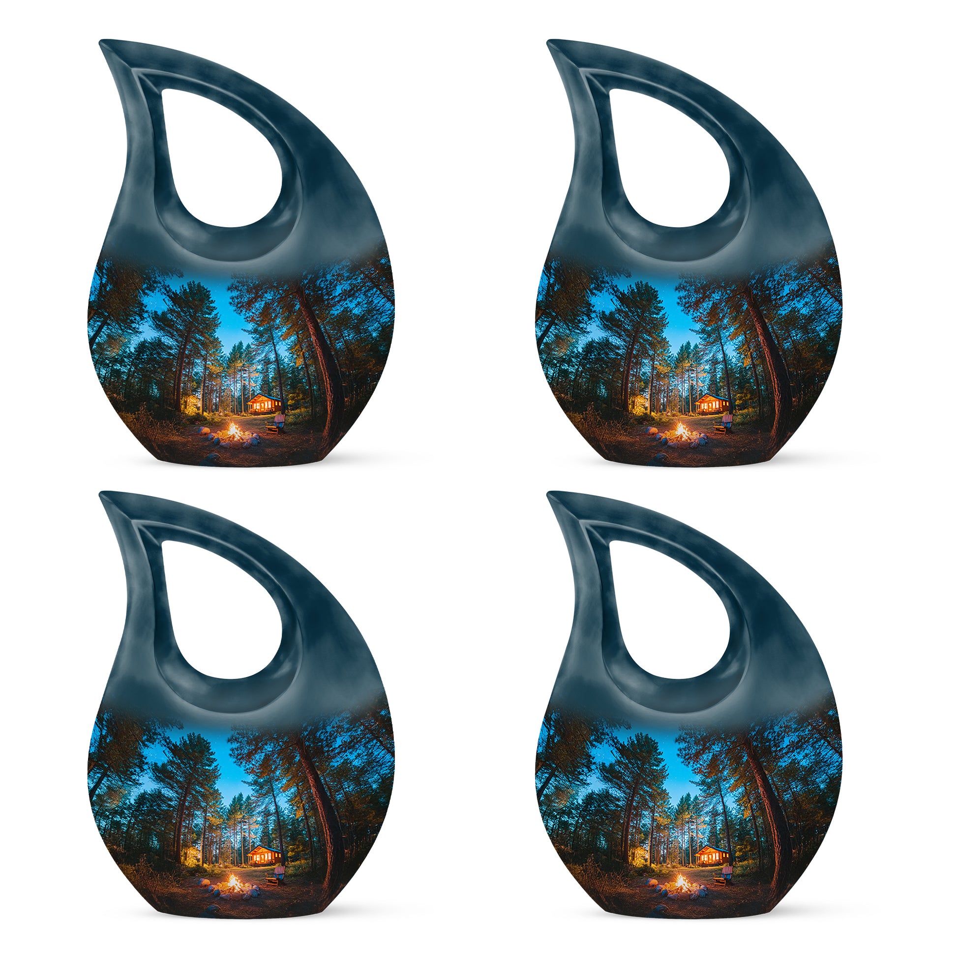 Bright Blue Campfire Cremation Urn lifestyle display on memorial shelf - devotional cross-drop campfire engraving - 10 inch aluminum urn for cremated remains