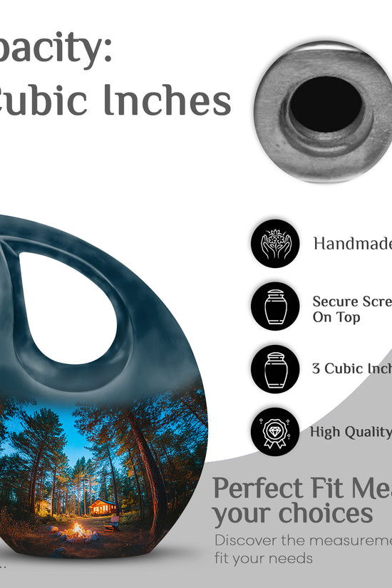 Serene Blue Campfire Cremation Urn back view with polished surface - devotional cross-drop campfire engraving - mini keepsake memorial for portion of cremation ashes