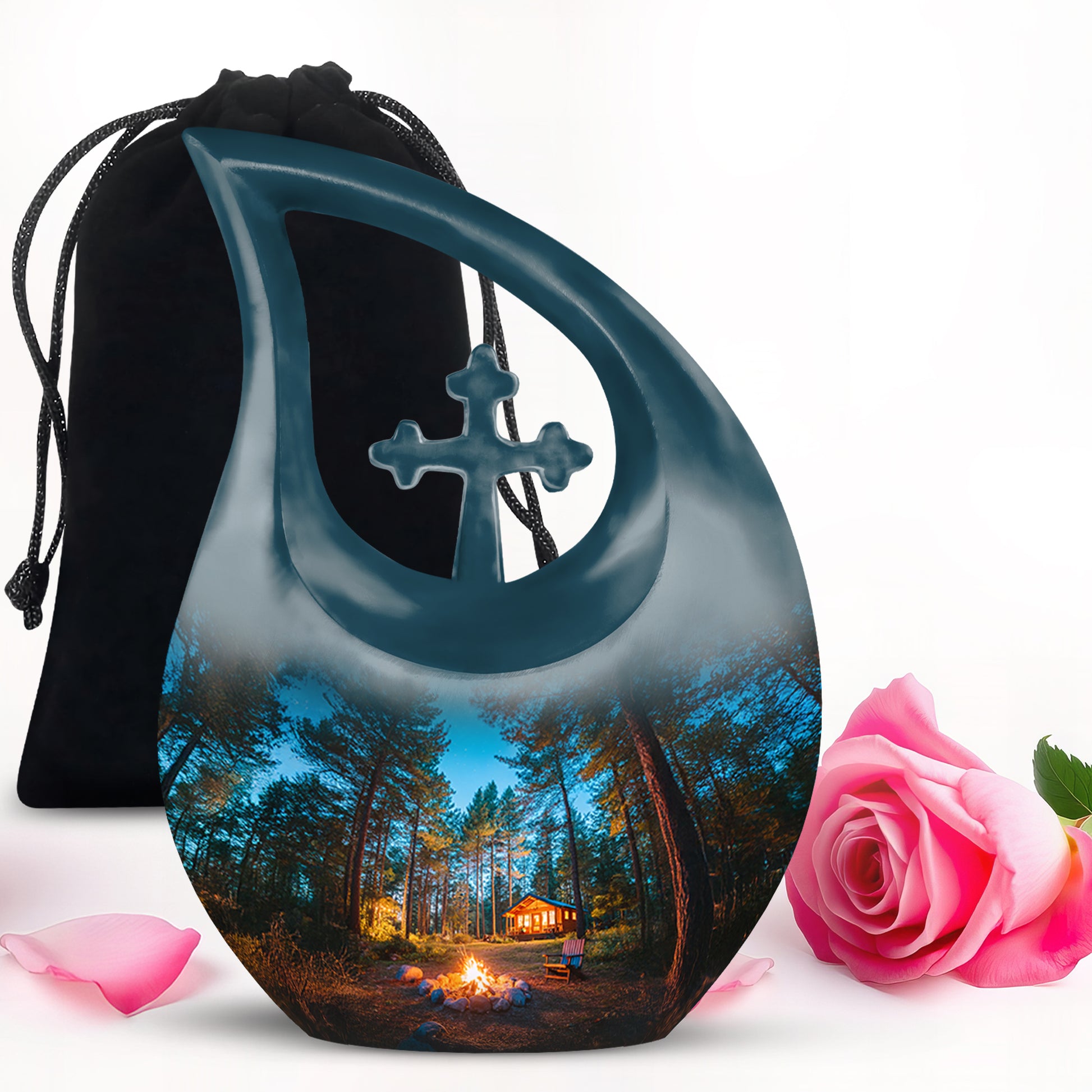 Indigo Campfire Cremation Urn top-down view of secure threaded lid - cross and campfire combined in spiritual memorial design - full-size 10 inch 200 cubic inch adult cremation urn