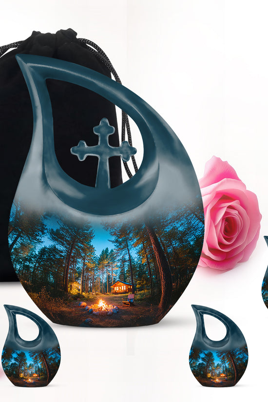 Calming Blue Campfire Cremation Urn urn with complimentary velvet bag - faith-inspired cross-drop urn with campfire pattern - memorial set with one large and four small urns