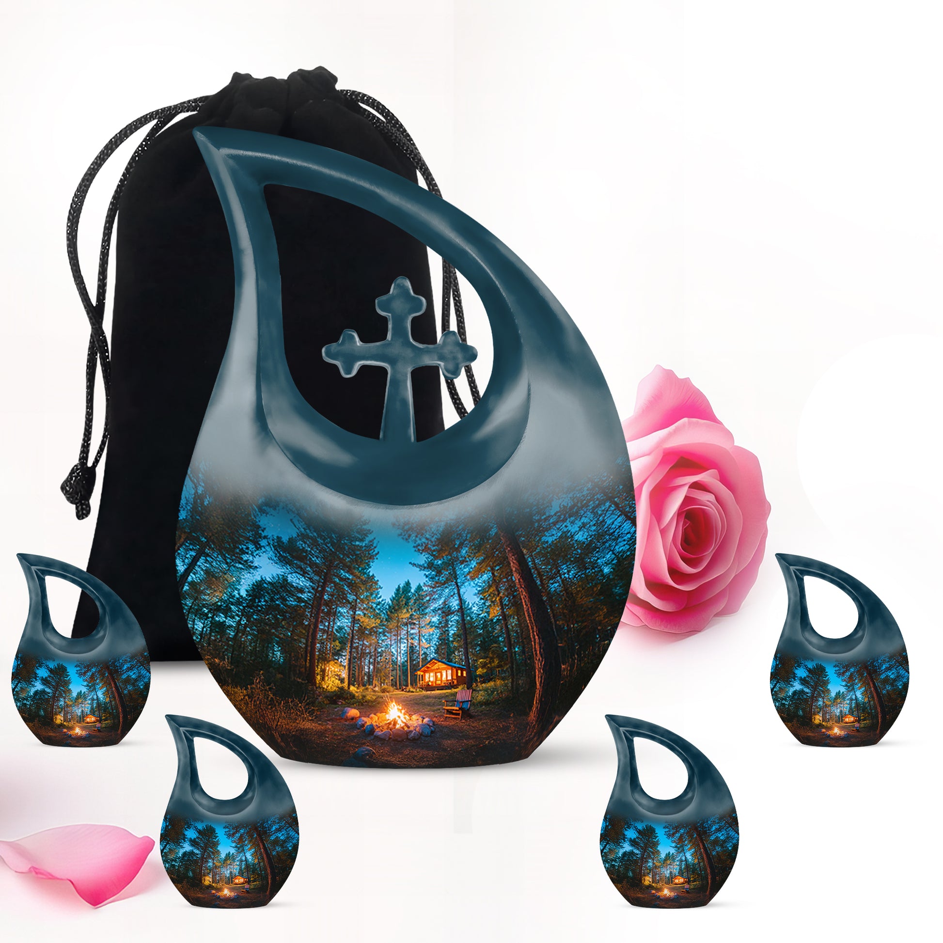 Calming Blue Campfire Cremation Urn urn with complimentary velvet bag - faith-inspired cross-drop urn with campfire pattern - memorial set with one large and four small urns