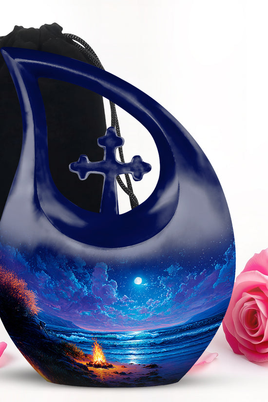 Bright Blue Campfire Cremation Urn top-down view of secure threaded lid - faith-inspired cross-drop urn with campfire pattern - full-size 10 inch 200 cubic inch adult cremation urn