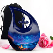 Bright Blue Campfire Cremation Urn top-down view of secure threaded lid - faith-inspired cross-drop urn with campfire pattern - full-size 10 inch 200 cubic inch adult cremation urn