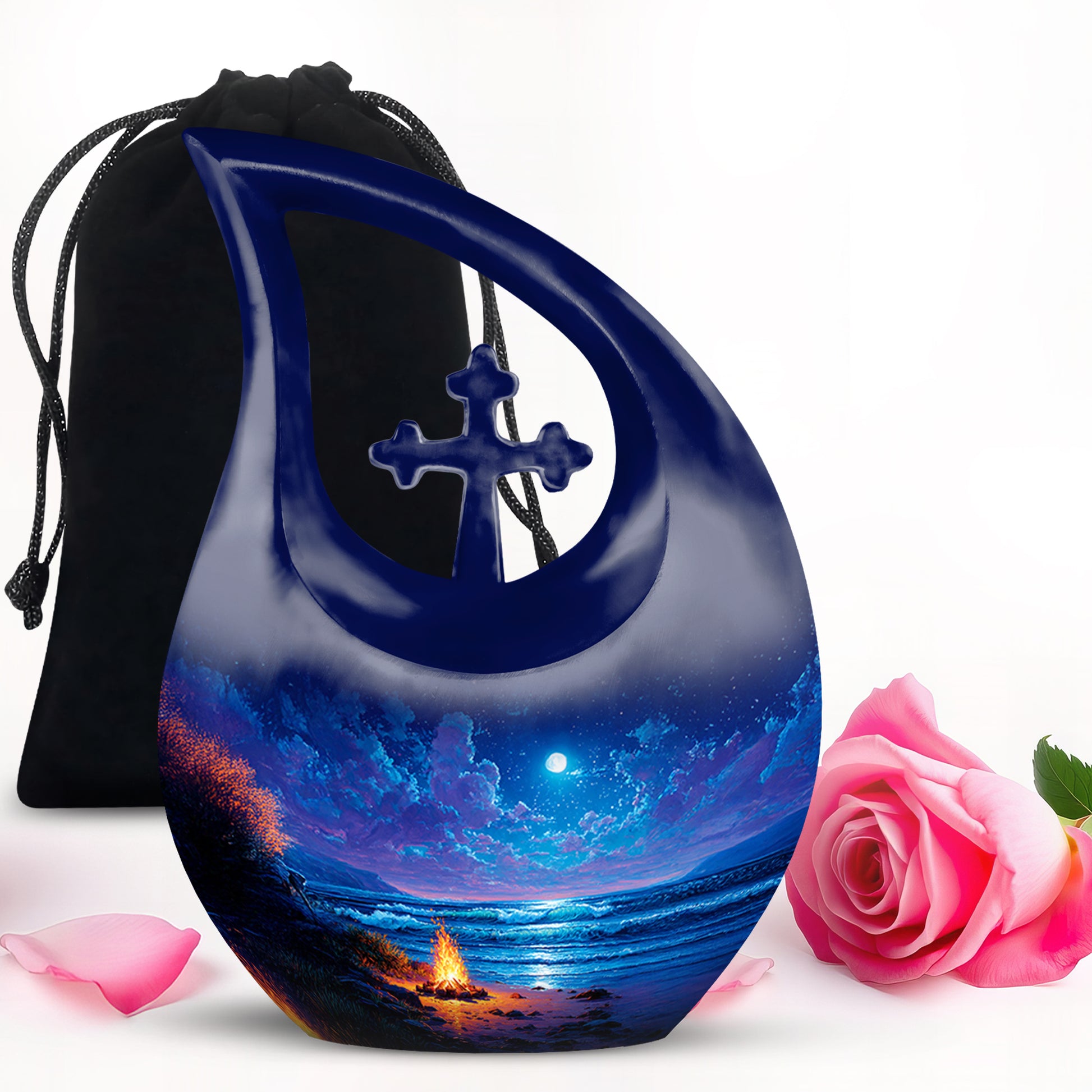 Bright Blue Campfire Cremation Urn top-down view of secure threaded lid - faith-inspired cross-drop urn with campfire pattern - full-size 10 inch 200 cubic inch adult cremation urn