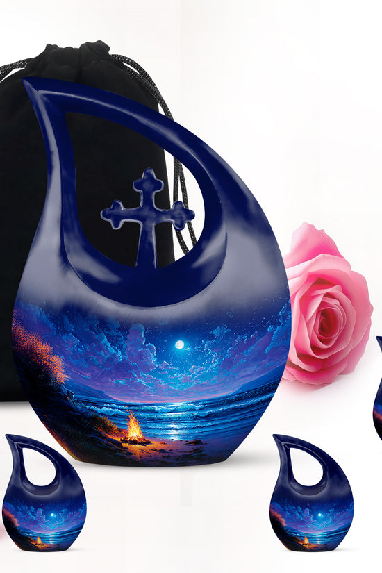 Twilight Blue Campfire Cremation Urn urn with complimentary velvet bag - devotional cross-drop campfire engraving - memorial set with one large and four small urns