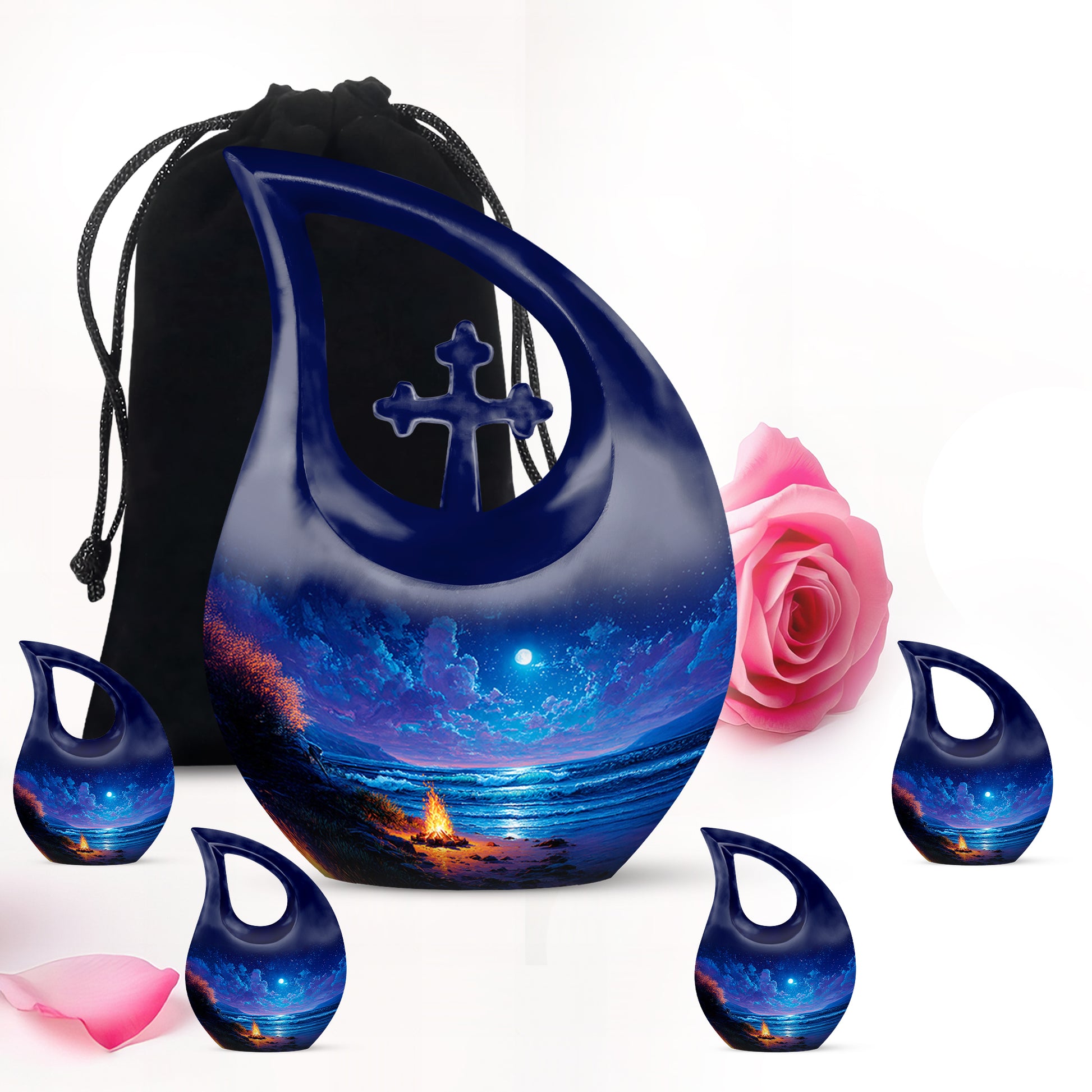Twilight Blue Campfire Cremation Urn urn with complimentary velvet bag - devotional cross-drop campfire engraving - memorial set with one large and four small urns