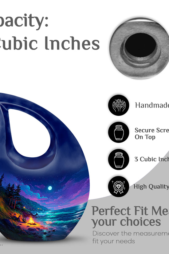 Serene Blue Campfire Cremation Urn back view with polished surface - faith-inspired cross-drop urn with campfire pattern - mini keepsake memorial for portion of cremation ashes