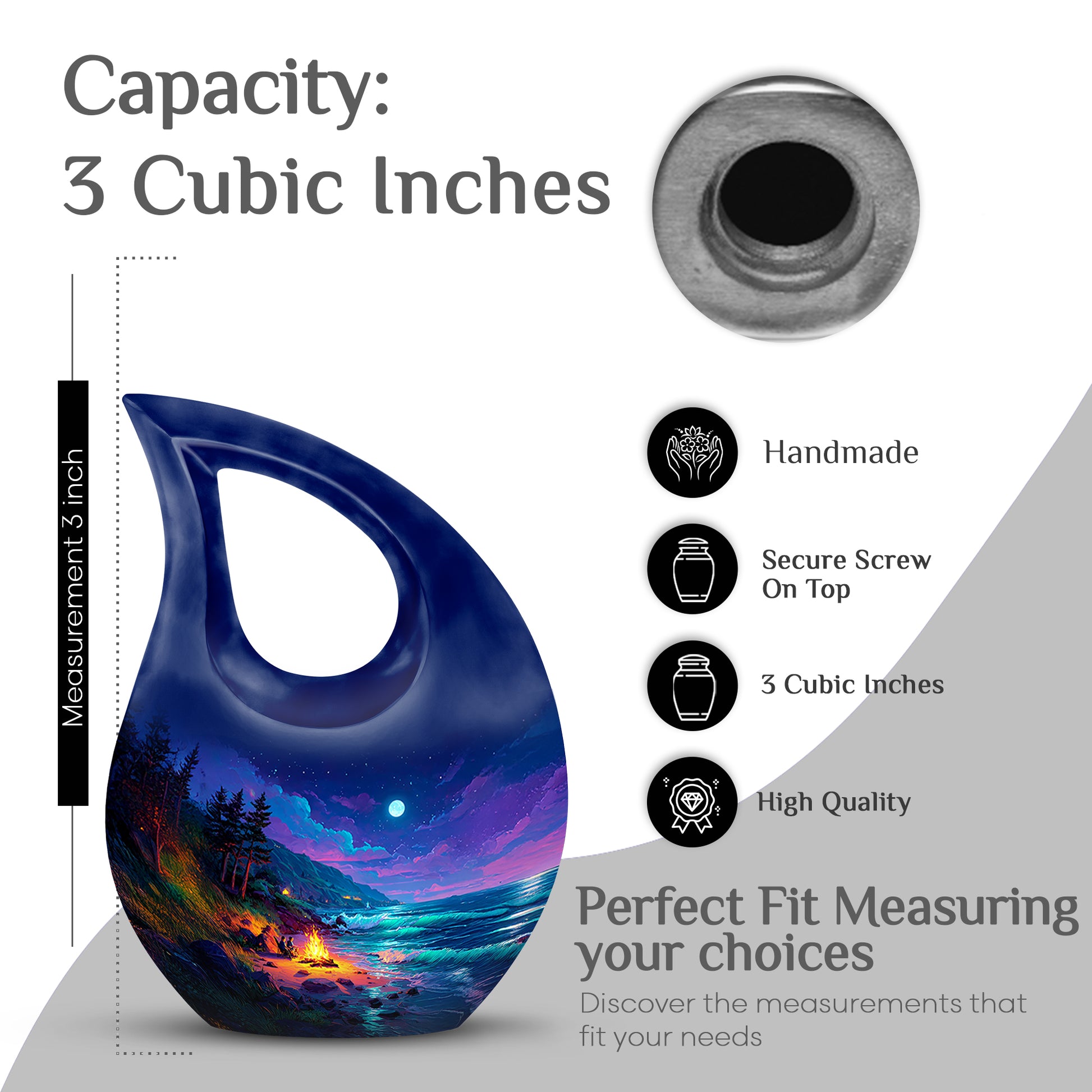 Serene Blue Campfire Cremation Urn back view with polished surface - faith-inspired cross-drop urn with campfire pattern - mini keepsake memorial for portion of cremation ashes