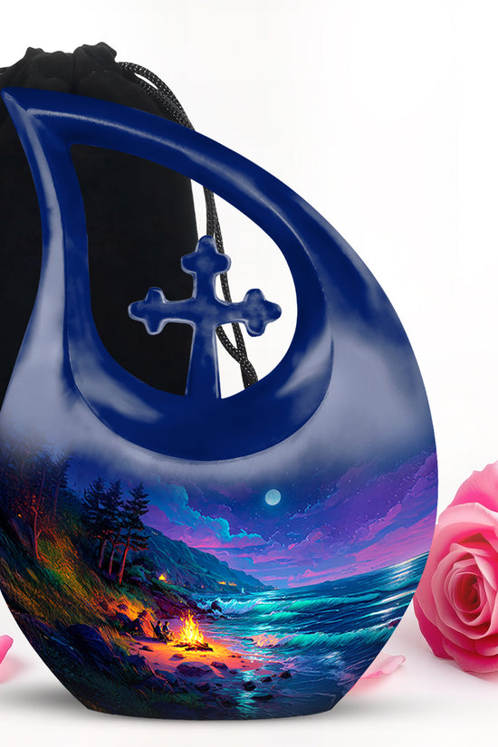 Slate Blue Campfire Cremation Urn top-down view of secure threaded lid - cross and campfire combined in spiritual memorial design - full-size 10 inch 200 cubic inch adult cremation urn