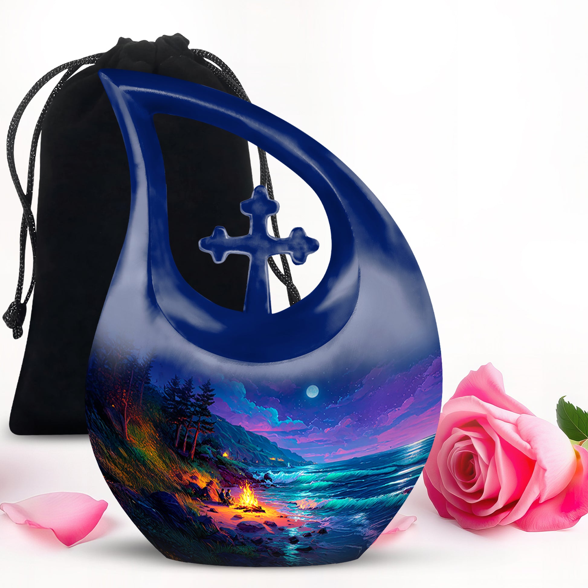 Slate Blue Campfire Cremation Urn top-down view of secure threaded lid - cross and campfire combined in spiritual memorial design - full-size 10 inch 200 cubic inch adult cremation urn