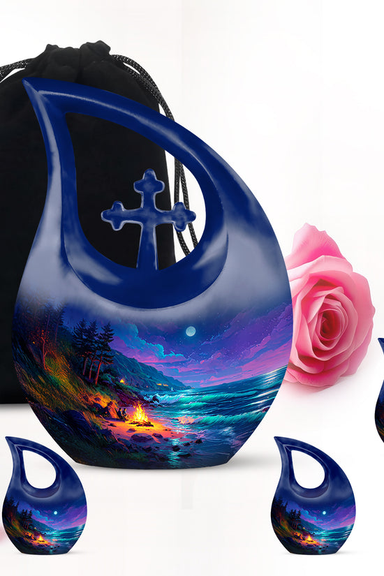 Slate Blue Campfire Cremation Urn urn with complimentary velvet bag - cross and campfire combined in spiritual memorial design - memorial set with one large and four small urns
