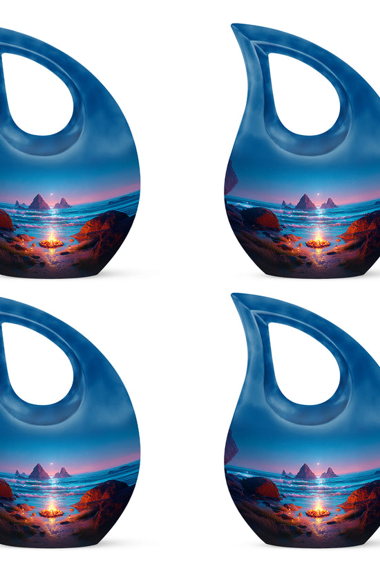 Icy Blue Campfire Cremation Urn lifestyle display on memorial shelf - cross and campfire combined in spiritual memorial design - 10 inch aluminum urn for cremated remains