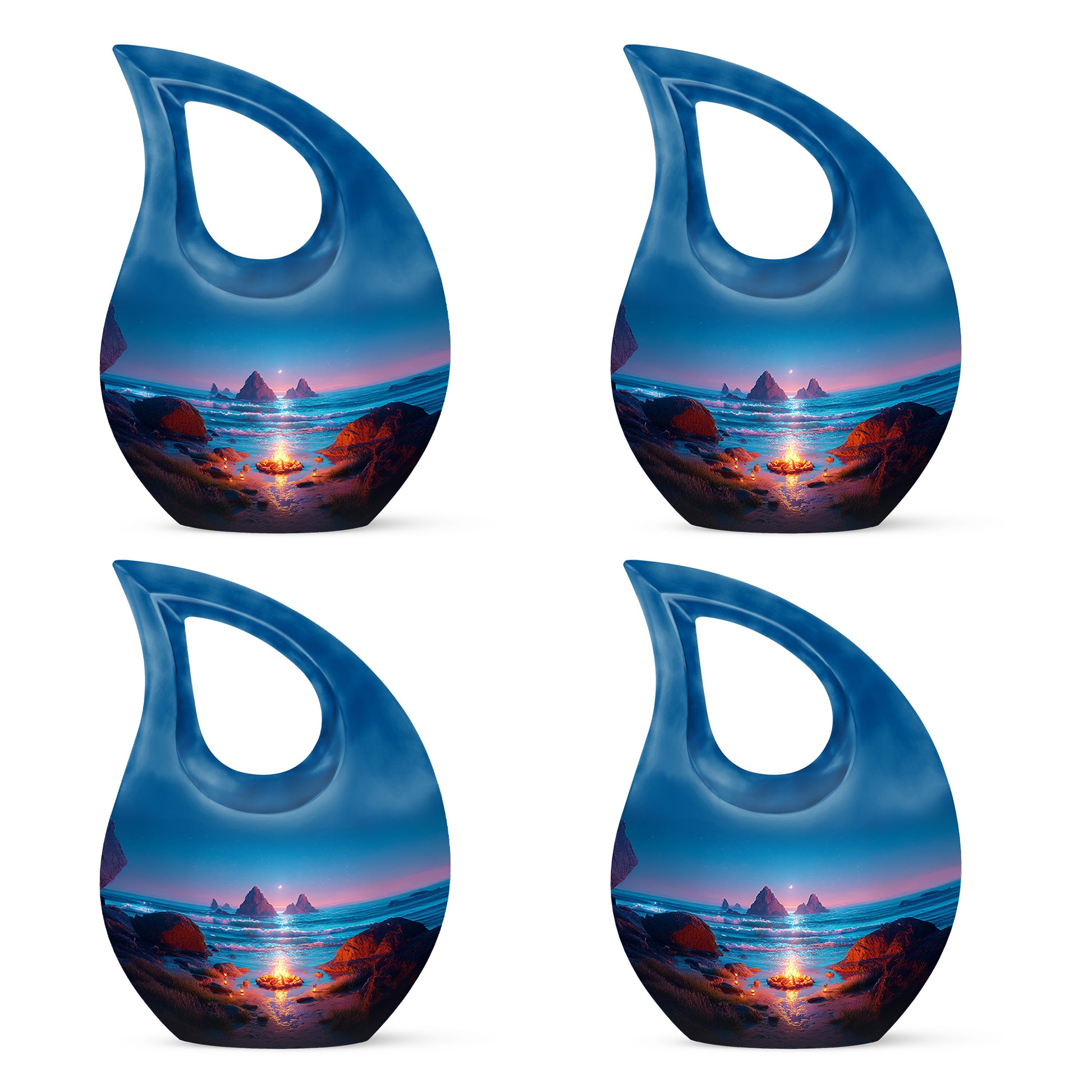 Icy Blue Campfire Cremation Urn lifestyle display on memorial shelf - cross and campfire combined in spiritual memorial design - 10 inch aluminum urn for cremated remains