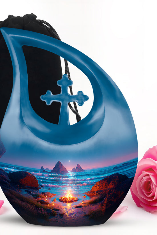Slate Blue Campfire Cremation Urn top-down view of secure threaded lid - cross and campfire combined in spiritual memorial design - full-size 10 inch 200 cubic inch adult cremation urn