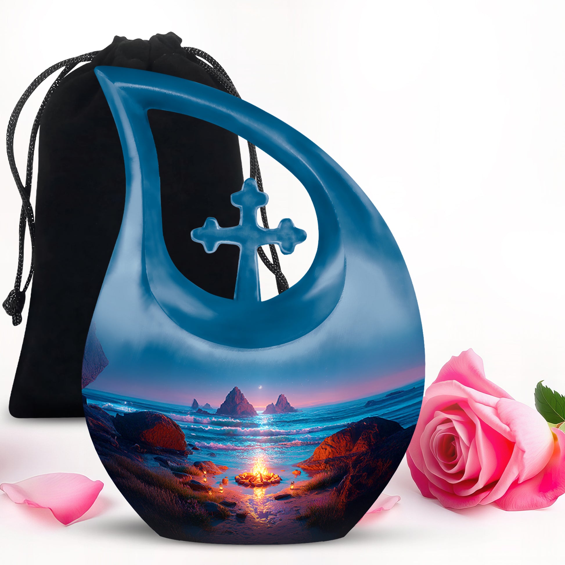 Slate Blue Campfire Cremation Urn top-down view of secure threaded lid - cross and campfire combined in spiritual memorial design - full-size 10 inch 200 cubic inch adult cremation urn