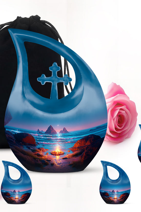 Celestial Blue Campfire Cremation Urn urn with complimentary velvet bag - sacred cross merged with campfire motif on metal - memorial set with one large and four small urns