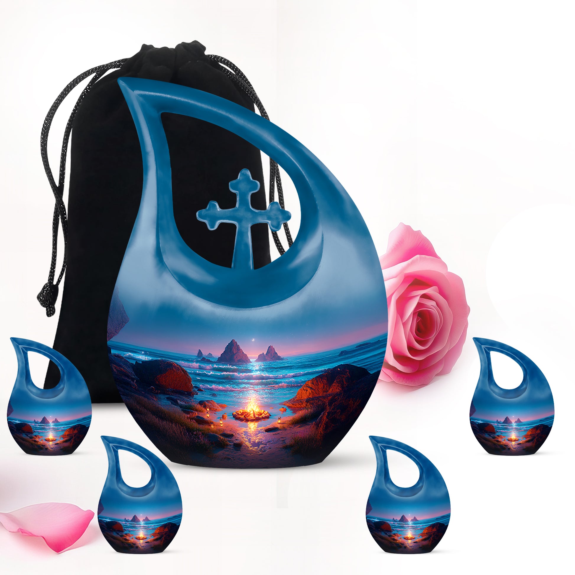 Celestial Blue Campfire Cremation Urn urn with complimentary velvet bag - sacred cross merged with campfire motif on metal - memorial set with one large and four small urns
