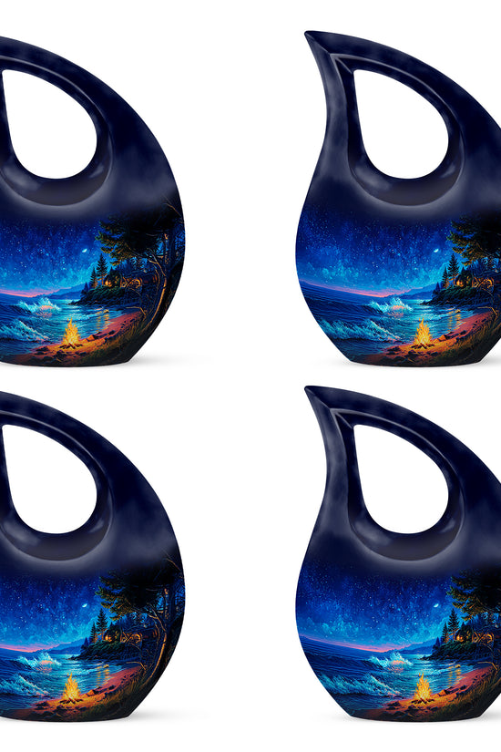Dusty Blue Campfire Cremation Urn lifestyle display on memorial shelf - sacred cross merged with campfire motif on metal - 10 inch aluminum urn for cremated remains