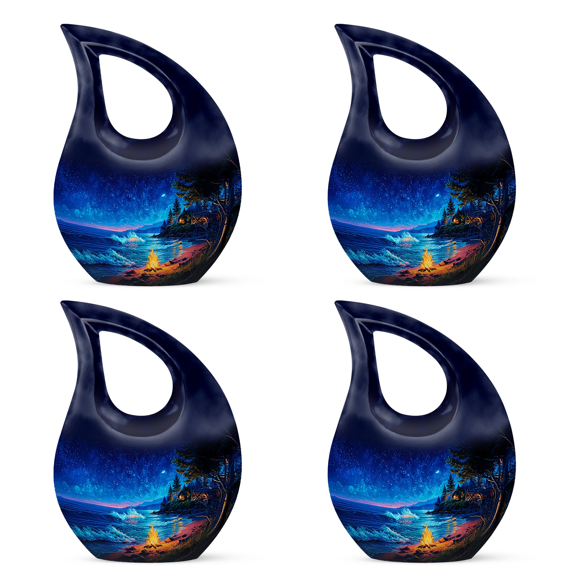 Dusty Blue Campfire Cremation Urn lifestyle display on memorial shelf - sacred cross merged with campfire motif on metal - 10 inch aluminum urn for cremated remains