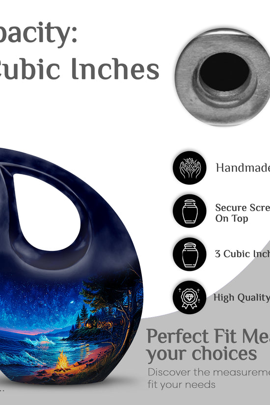 Cobalt Blue Campfire Cremation Urn back view with polished surface - devotional cross-drop campfire engraving - mini keepsake memorial for portion of cremation ashes