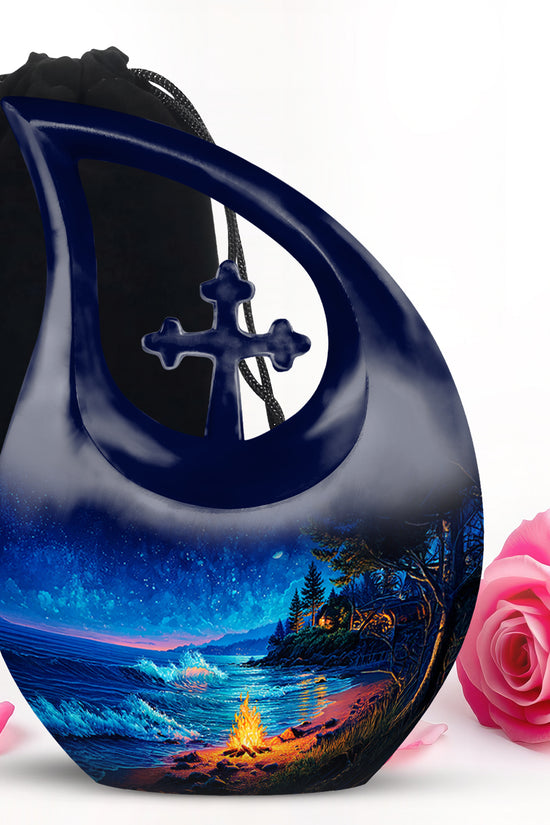 Sky Blue Campfire Cremation Urn top-down view of secure threaded lid - cross and campfire combined in spiritual memorial design - full-size 10 inch 200 cubic inch adult cremation urn