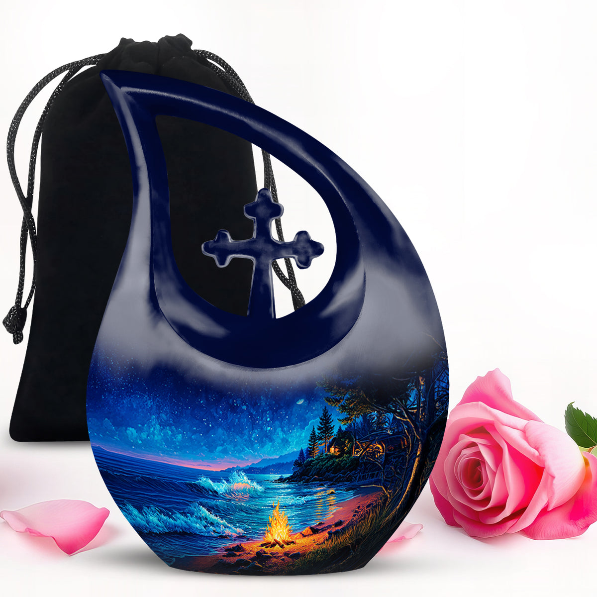 Sky Blue Campfire Cremation Urn top-down view of secure threaded lid - cross and campfire combined in spiritual memorial design - full-size 10 inch 200 cubic inch adult cremation urn