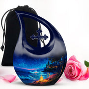 Sky Blue Campfire Cremation Urn top-down view of secure threaded lid - cross and campfire combined in spiritual memorial design - full-size 10 inch 200 cubic inch adult cremation urn