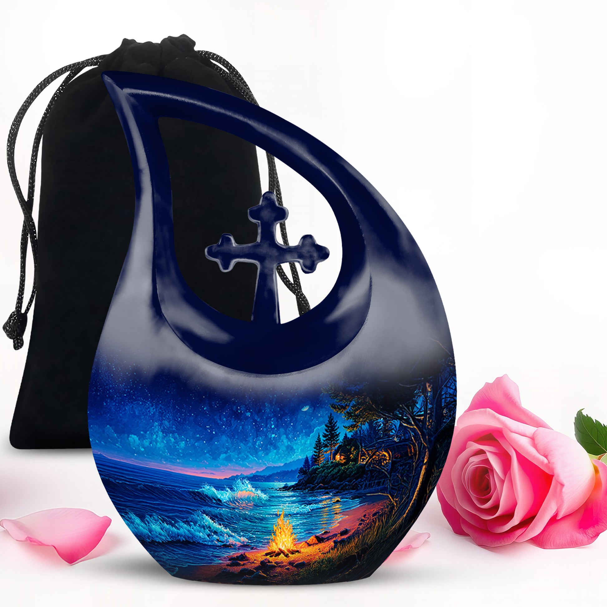 Sky Blue Campfire Cremation Urn top-down view of secure threaded lid - cross and campfire combined in spiritual memorial design - full-size 10 inch 200 cubic inch adult cremation urn