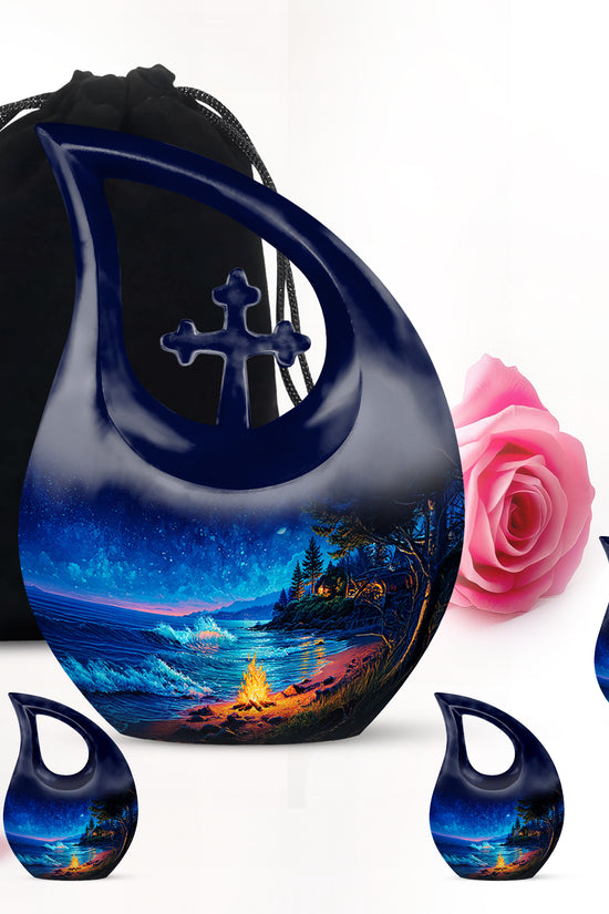 Soft Blue Campfire Cremation Urn urn with complimentary velvet bag - faith-inspired cross-drop urn with campfire pattern - memorial set with one large and four small urns