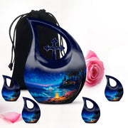 Soft Blue Campfire Cremation Urn urn with complimentary velvet bag - faith-inspired cross-drop urn with campfire pattern - memorial set with one large and four small urns