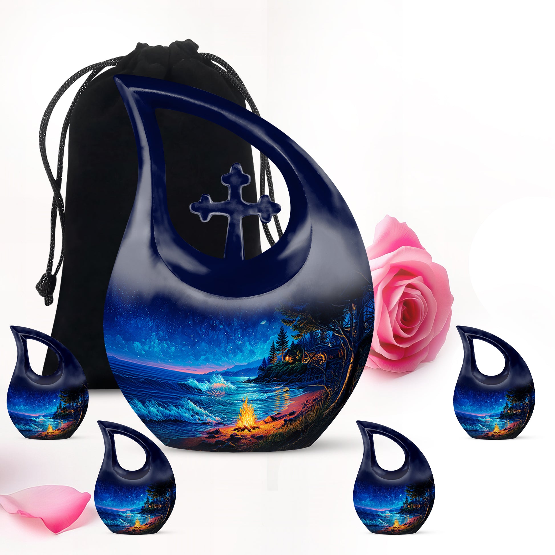 Soft Blue Campfire Cremation Urn urn with complimentary velvet bag - faith-inspired cross-drop urn with campfire pattern - memorial set with one large and four small urns