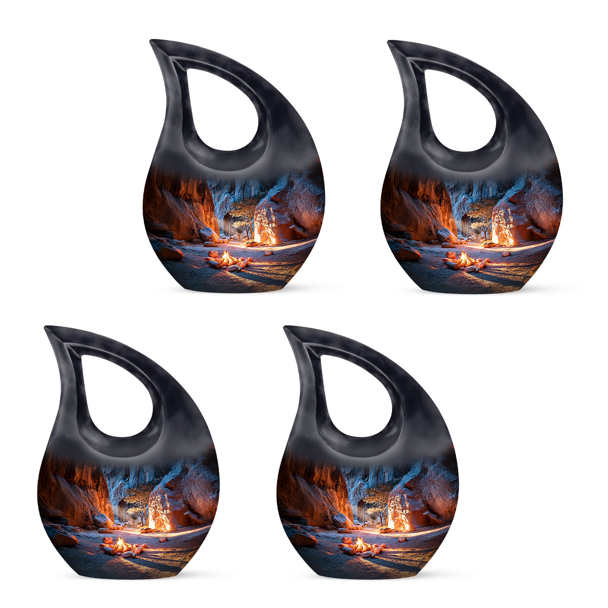 Twilight Blue Campfire Cremation Urn lifestyle display on memorial shelf - faith-inspired cross-drop urn with campfire pattern - 10 inch aluminum urn for cremated remains