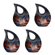 Twilight Blue Campfire Cremation Urn lifestyle display on memorial shelf - faith-inspired cross-drop urn with campfire pattern - 10 inch aluminum urn for cremated remains