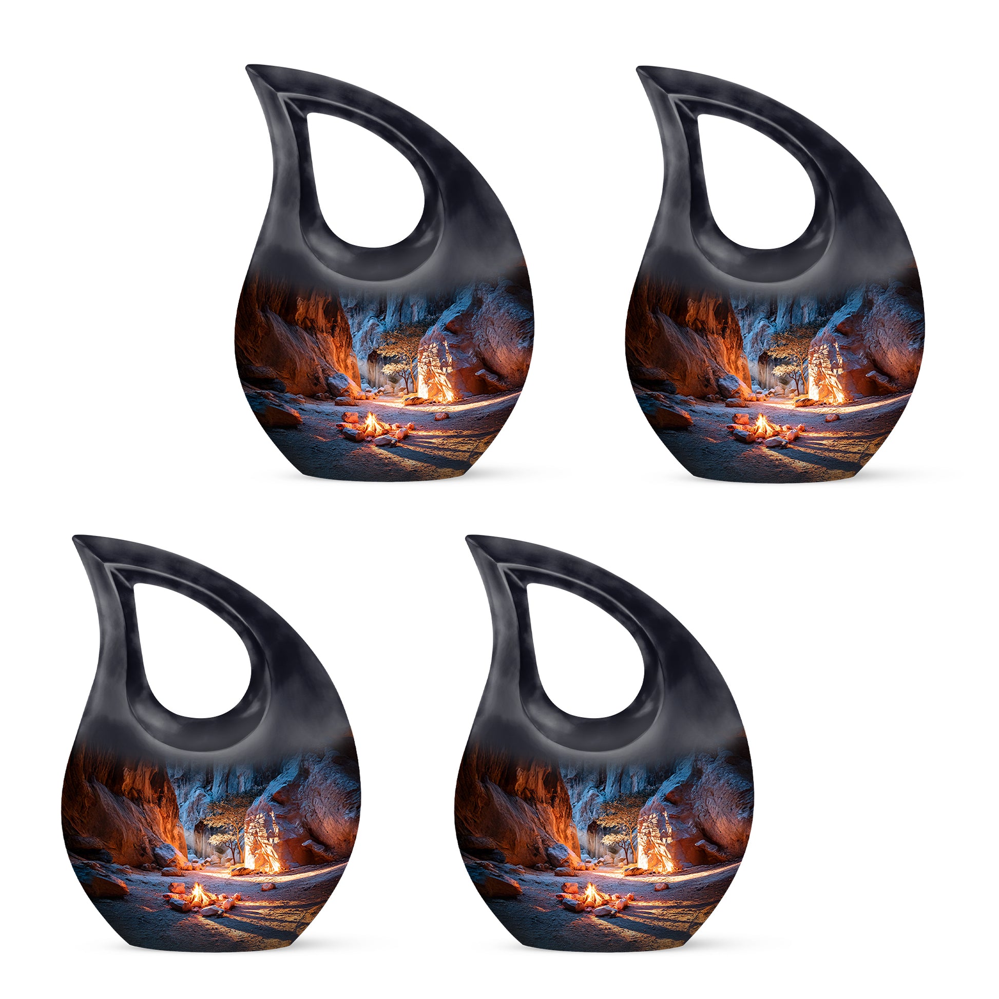 Twilight Blue Campfire Cremation Urn lifestyle display on memorial shelf - faith-inspired cross-drop urn with campfire pattern - 10 inch aluminum urn for cremated remains