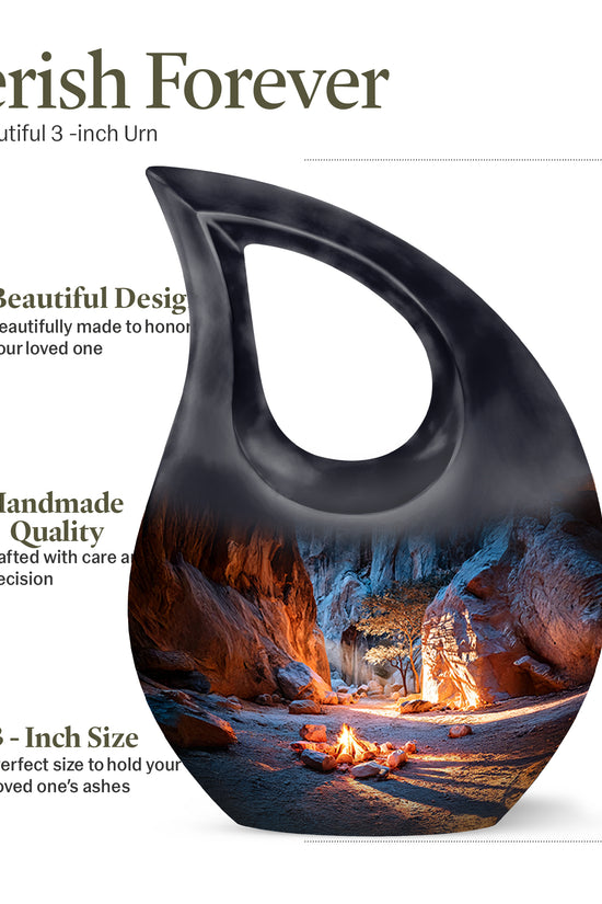 Dusty Blue Campfire Cremation Urn back view with polished surface - cross and campfire combined in spiritual memorial design - mini keepsake memorial for portion of cremation ashes